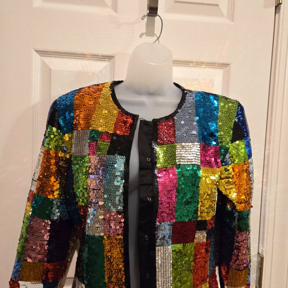 Vintage Adrienne Vittadini Rainbow Sequin Glitter Patchwork Jacket Small - Picture 11 of 15